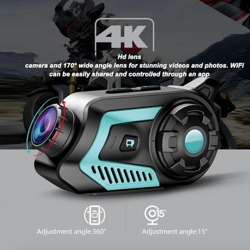 Motorcycle Bluetooth Headset with Camera, HD 4K WiFi Dash Camera Recorder Motorbike Helmet Headset, 6 Riders Intercom, IP66 Waterproof, 1000M /3280ft Distance